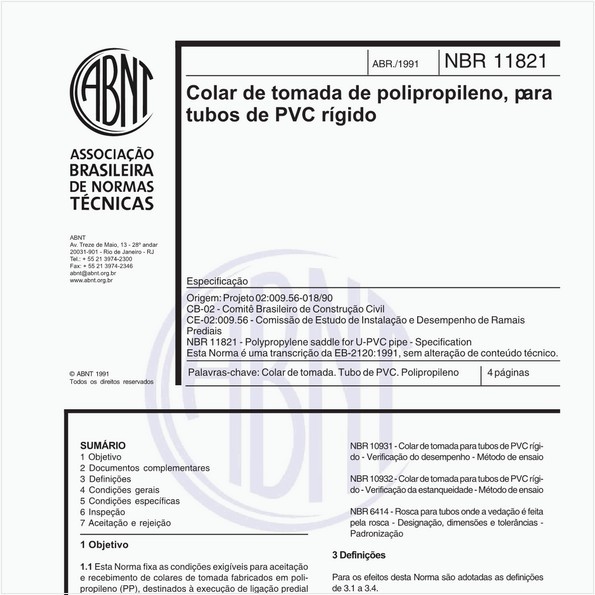 Colar de tomada de polipropileno, para tubos de PVC rígido - Especificação