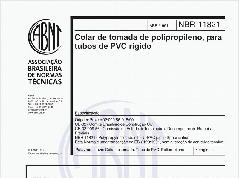 Colar de tomada de polipropileno, para tubos de PVC rígido - Especificação