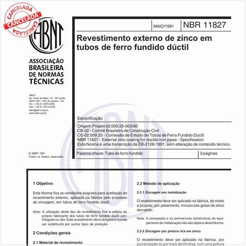 Revestimento externo de zinco em tubos de ferro fundido dúctil - Especificação