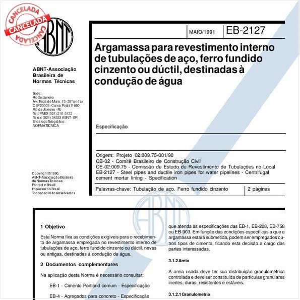 Argamassa para revestimento interno de tubulações de aço, ferro fundido cinzento ou dúctil destinadas à condução de água- Especificação