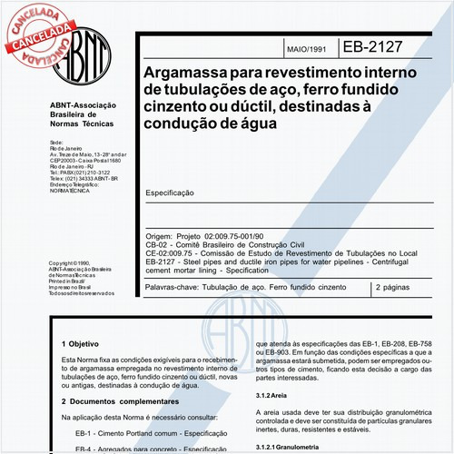 Argamassa para revestimento interno de tubulações de aço, ferro fundido cinzento ou dúctil destinadas à condução de água- Especificação