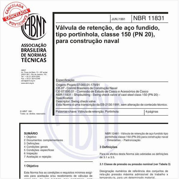 Válvula de retenção, de aço fundido, tipo portinhola, classe 150 (PN 20), para construção naval