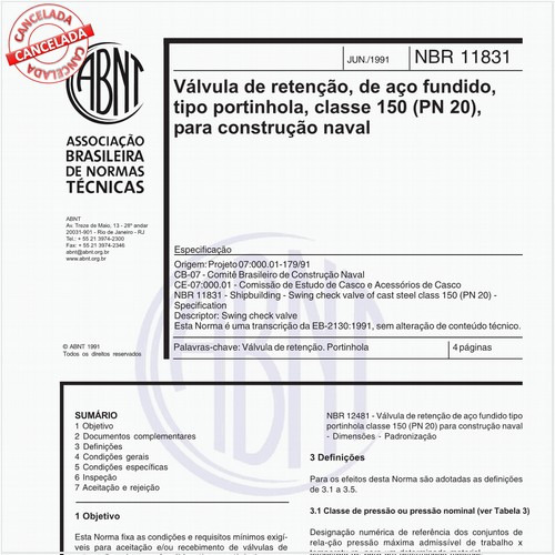 Válvula de retenção, de aço fundido, tipo portinhola, classe 150 (PN 20), para construção naval