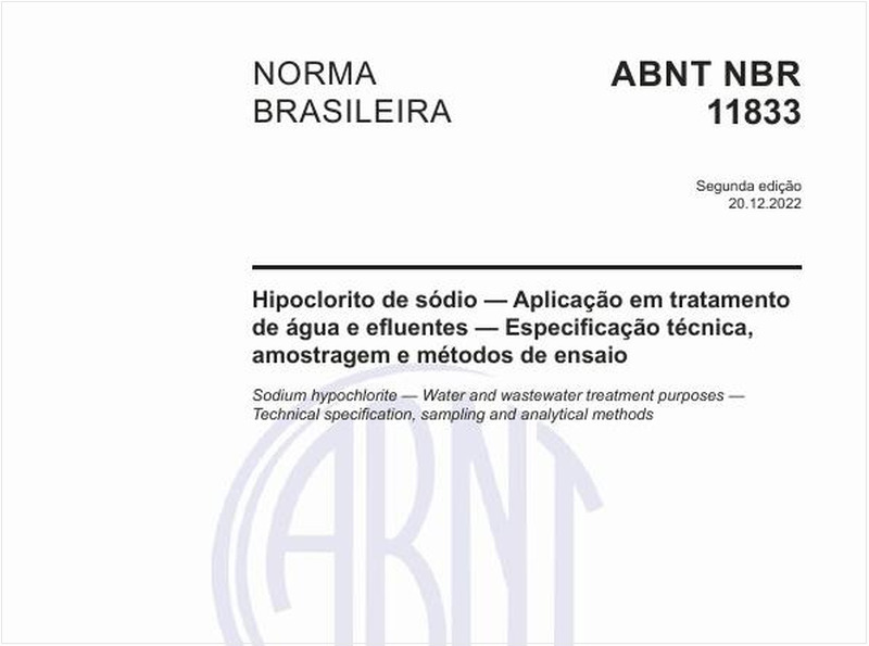 Hipoclorito de sódio - Aplicação em tratamento de água e efluentes - Especificação técnica, amostragem e métodos de ensaio