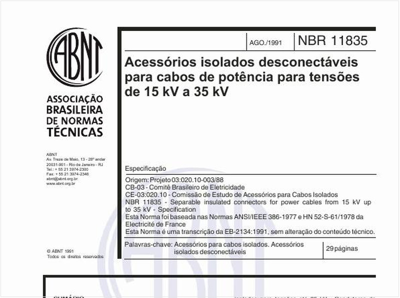 Acessórios isolados desconectáveis para cabos de potência para tensões de 15 kV a 35 kV - Especificação