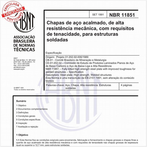 Chapas de aço acalmado, de alta resistência mecânica, com requisitos de tenacidade, para estruturas soldadas - Especificação