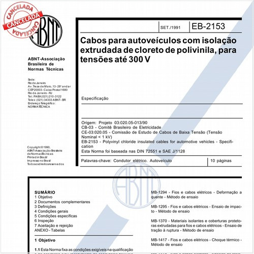 Cabos para auto-veículos com isolação extrudada de cloreto de polivinila para tensões até 300 V