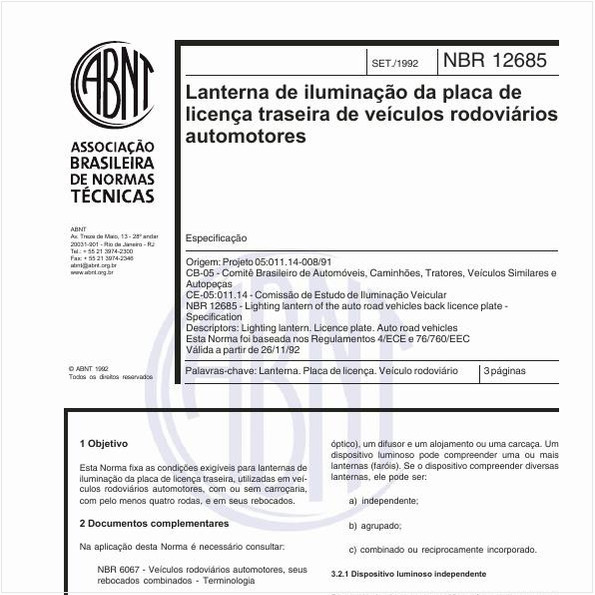 Lanterna de iluminação da placa de licença traseira de veículos rodoviários automotores - Especificação