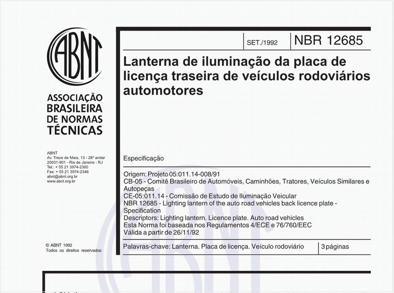 Lanterna de iluminação da placa de licença traseira de veículos rodoviários automotores - Especificação