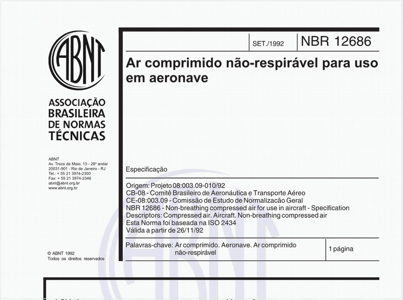 Ar comprimido não-respirável para uso em aeronave - Especificação