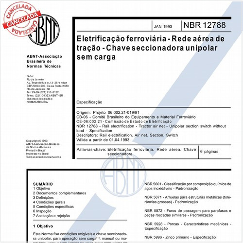 Eletrificação ferroviária - Rede aérea de tração - Chave seccionadora unipolar sem carga
