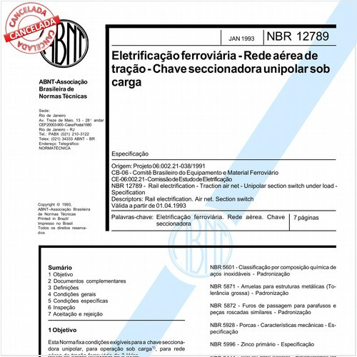 Eletrificação ferroviária - Rede aérea de tração - Chave seccionadora unipolar sob carga