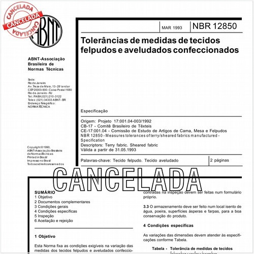 Tolerâncias de medidas de tecidos felpudos e aveludados confeccionados