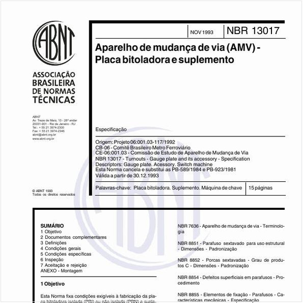 Aparelho de mudança de via (AMV) Placa bitoladora e suplemento - Especificação
