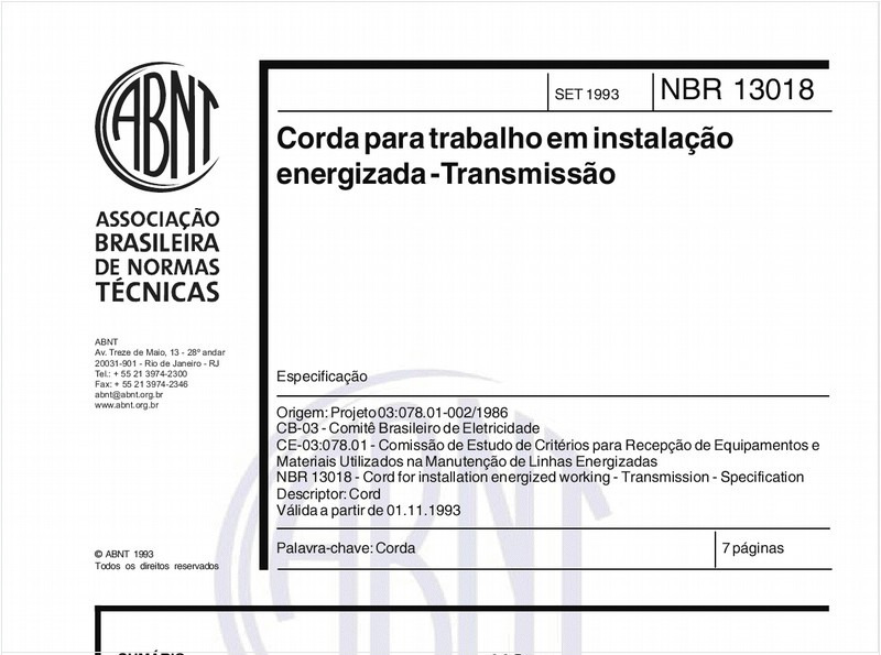 Corda para trabalho em instalação energizada - Transmissão - Especificação