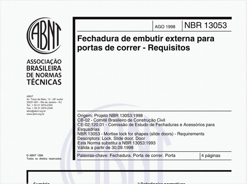 Fechadura de embutir externa para portas de correr - Requisitos