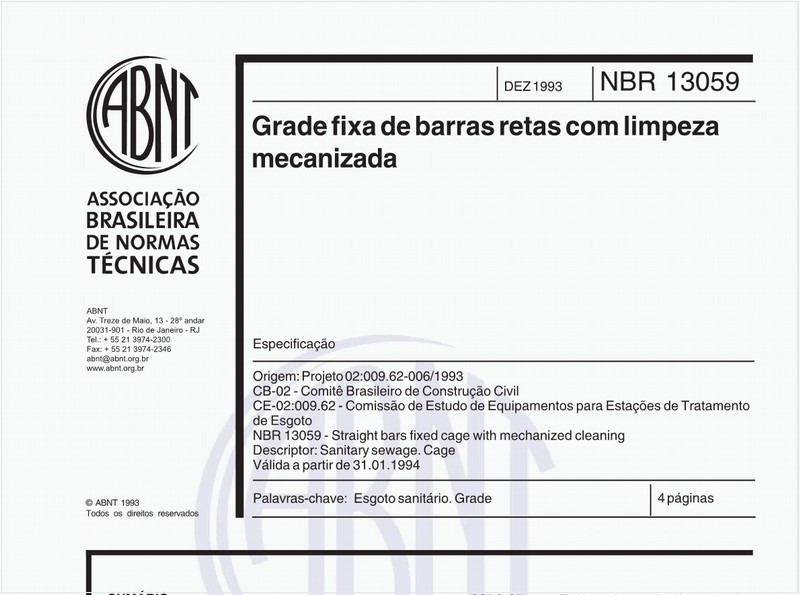 Grade fixa de barras retas com limpeza mecanizada - Especificação