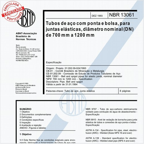 Tubos de aço com ponta e bolsa, para juntas elásticas, diâmetro nominal (DN) de 700 mm a 1200 mm - Especificação
