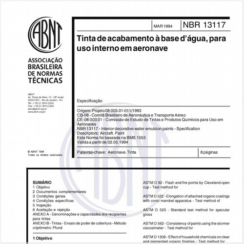 Tinta de acabamento à base d'água, para uso interno em aeronave - Especificação