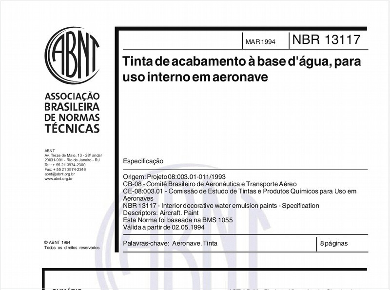 Tinta de acabamento à base d'água, para uso interno em aeronave - Especificação