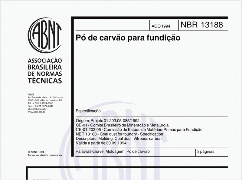 Pó de carvão para fundição - Especificação
