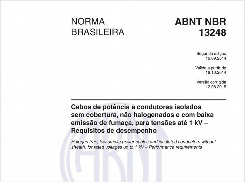 Cabos de potência e condutores isolados sem cobertura, não halogenados e com baixa emissão de fumaça, para tensões até 1 kV - Requisitos de desempenho