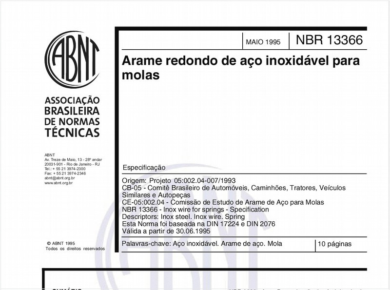 Arame redondo de aço inoxidável para molas - Especificação
