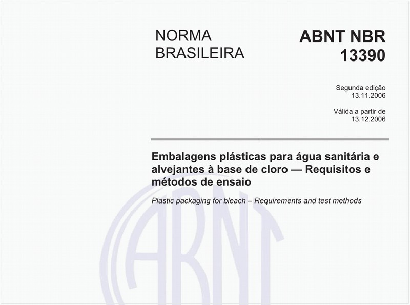 Embalagens plásticas para água sanitária e alvejantes à base de cloro - Requisitos e métodos de ensaio