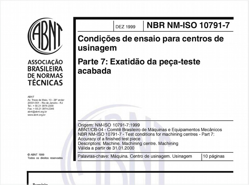 Condições de ensaio para centros de usinagem - Parte 7: Exatidão da peça-teste acabada