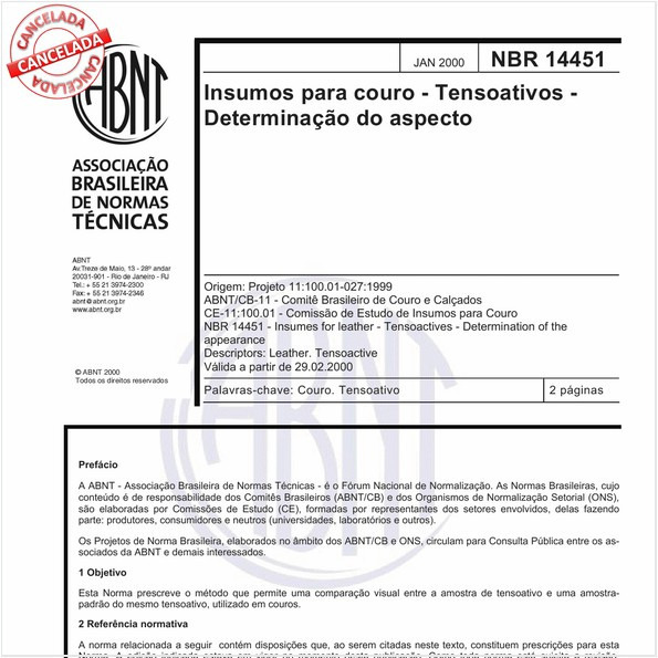 Insumos para couro - Tensoativos - Determinação do aspecto