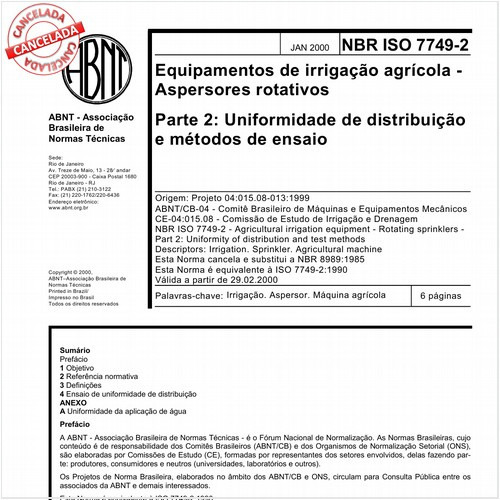 Equipamentos de irrigação agrícola - Aspersores rotativos - Parte 2: Uniformidade de distribuição e métodos de ensaio