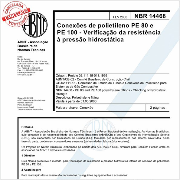 Conexões de polietileno PE 80 e PE 100 - Verificação da resistência à pressão hidrostática