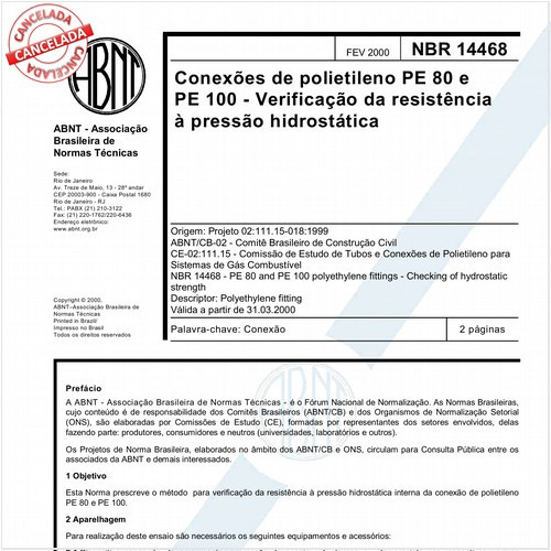 Conexões de polietileno PE 80 e PE 100 - Verificação da resistência à pressão hidrostática