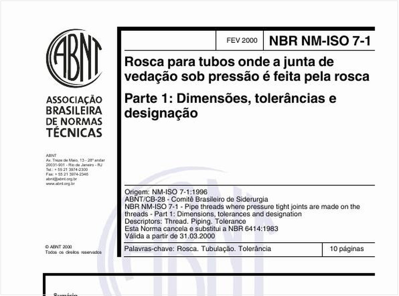 Rosca para tubos onde a junta de vedação sob pressão é feita pela rosca - Parte 1: Dimensões, tolerâncias e designação