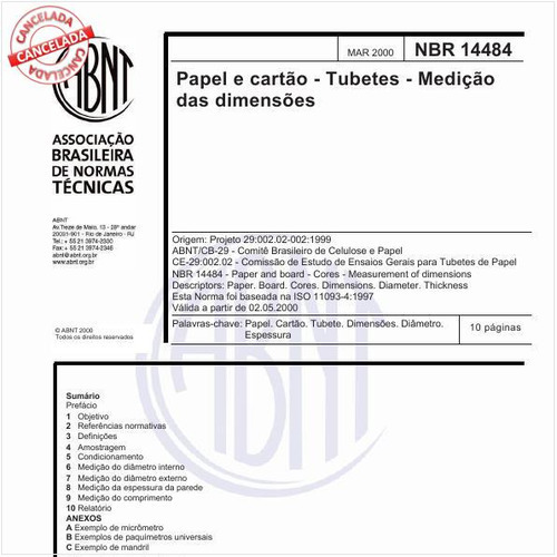 Papel e cartão - Tubetes - Medição das dimensões