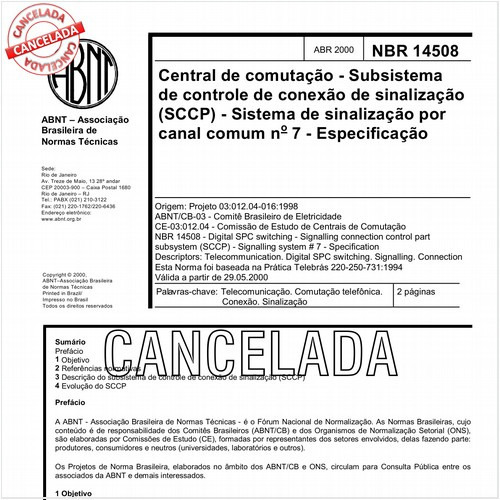 Central de comutação - Subsistema de controle de conexão de sinalização (SCCP) - Sistema de sinalização por canal comum nº 7 - Especificação