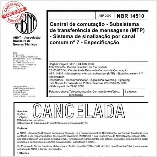Central de comutação - Subsistema de transferência de mensagens (MTP) - Sistema de sinalização por canal comum nº 7 - Especificação
