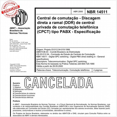 Central de comutação - Discagem direta a ramal (DDR) de central privada de comutação telefônica (CPCT) tipo PABX - Especificação