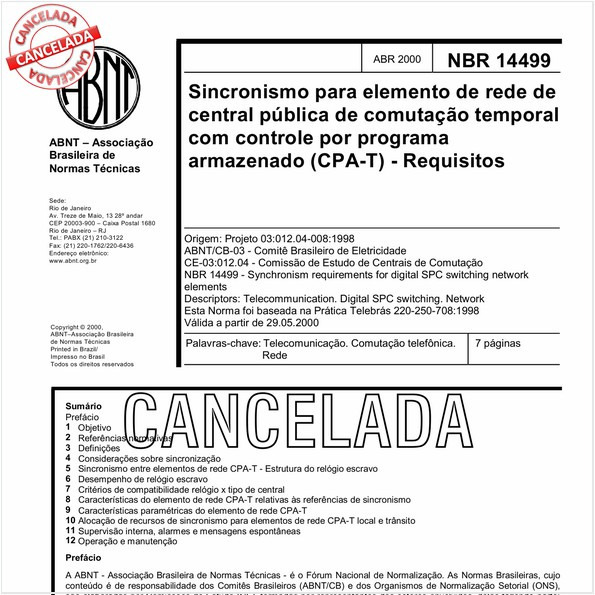 Sincronismo para elemento de rede de central pública de comutação temporal com controle por programa armazenado (CPA-T) - Requisitos