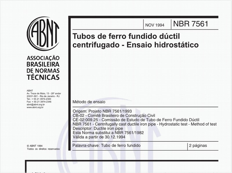 Tubos de ferro fundido dúctil centrifugado - Ensaio hidrostático