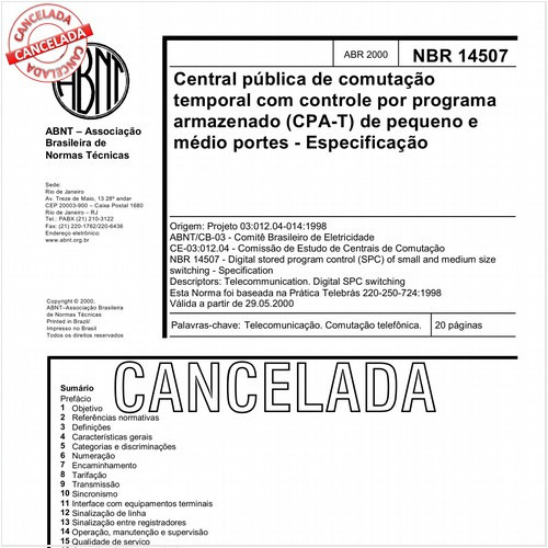 Central pública de comutação temporal com controle por programa armazenado (CPA-T)  de pequeno e médio portes - Especificação