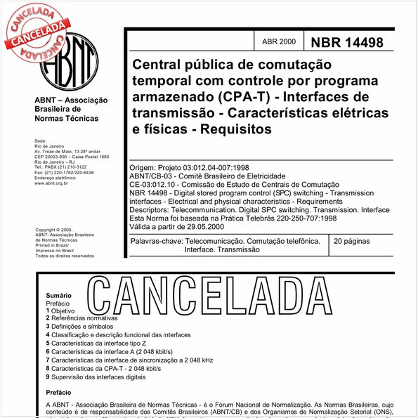 Central pública de comutação temporal com controle por programa armazenado (CPA-T) - Interfaces de transmissão - Características elétricas e físicas - Requisitos