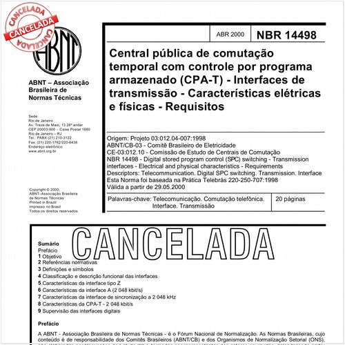 Central pública de comutação temporal com controle por programa armazenado (CPA-T) - Interfaces de transmissão - Características elétricas e físicas - Requisitos
