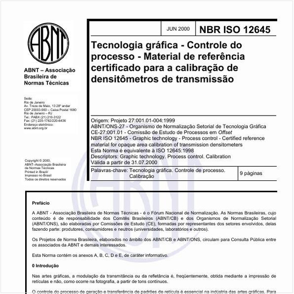 Tecnologia gráfica - Controle do processo - Material de referência certificado para calibração de densitômetros de transmissão
