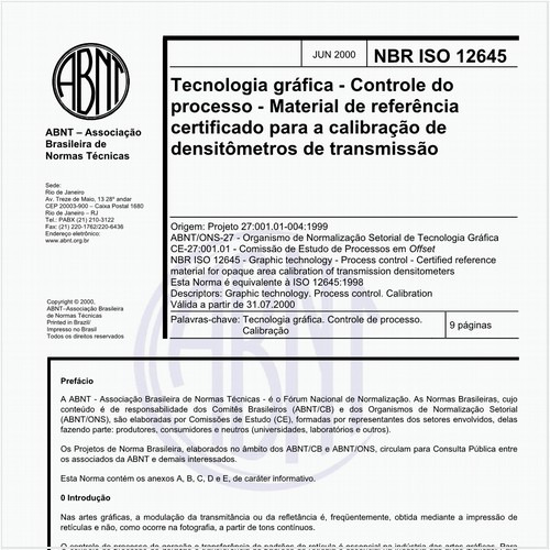 Tecnologia gráfica - Controle do processo - Material de referência certificado para calibração de densitômetros de transmissão