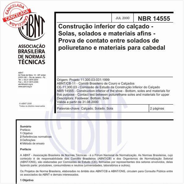 Construção inferior do calçado - Solas, solados e materiais afins - Prova de contato entre soldados de poliuretano e materiais para cabedal