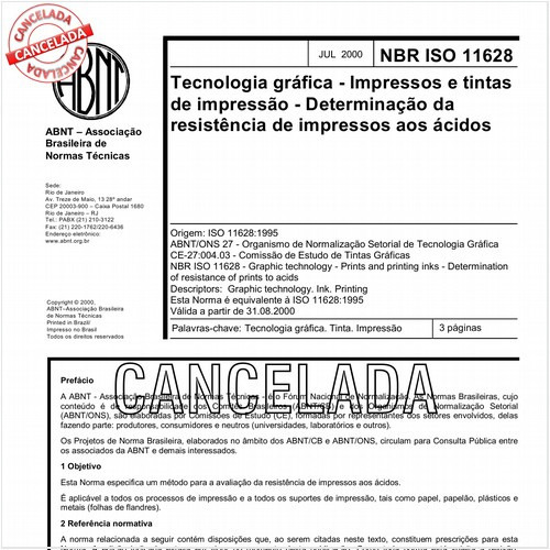 Tecnologia gráfica - Impressos e tintas de impressão - Determinação da resistência de impressos aos ácidos