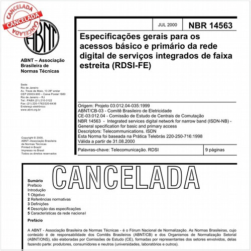 Especificações gerais para os acessos básico e primário da rede digital de serviços integrados de faixa estreita (RDSI-FE)