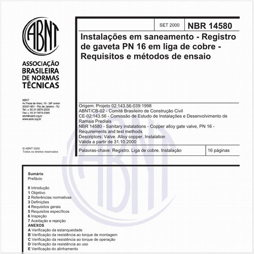 Instalações em saneamento - Registro de gaveta PN 16 em liga de cobra - Requisitos e métodos de ensaio