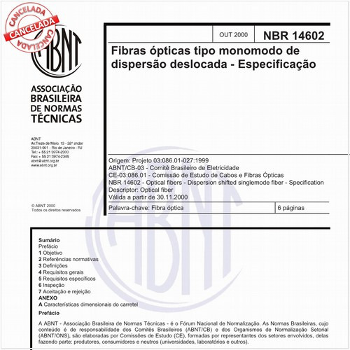 Fibras ópticas tipo monomodo de dispersão deslocada - Especificação